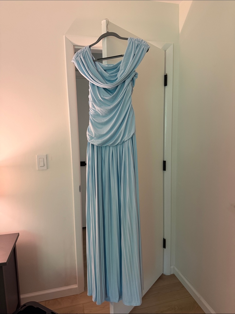 Amazon Light Blue Off-Shoulder Draped Maxi Dress